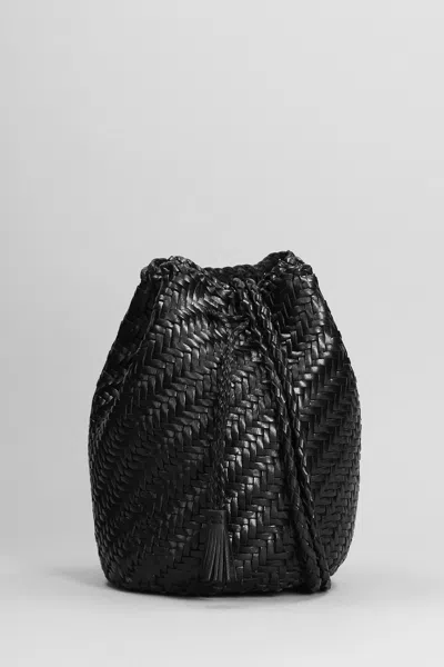 DRAGON DIFFUSION POMPOM DOUBLE HAND BAG IN BLACK LEATHER