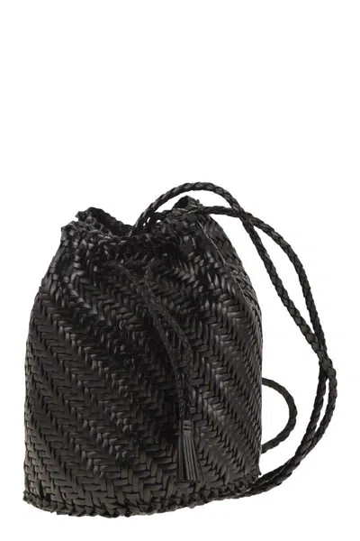 Dragon Diffusion Pompom Double Jump - Bucket Bag With Woven Leather In Black