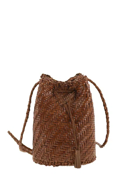 Dragon Diffusion Pompom Double Jump - Bucket Bag With Woven Leather In Brown