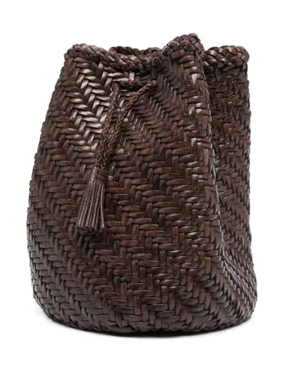 Dragon Diffusion Pompom Double Jump Brown Bucket Bag With Shoulder Strap In Hand-woven Leather Woman