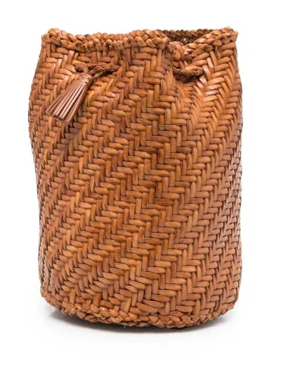 Dragon Diffusion Pompom Double Jump Camel Brown Bucket Bag With Shoulder Strap In Hand-woven Leather Woman