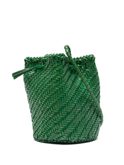 Dragon Diffusion Pompom Doublej Woven Leather Basket Bag In Green