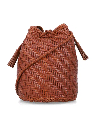 Dragon Diffusion Pompom Woven Bucket Bag In Brown