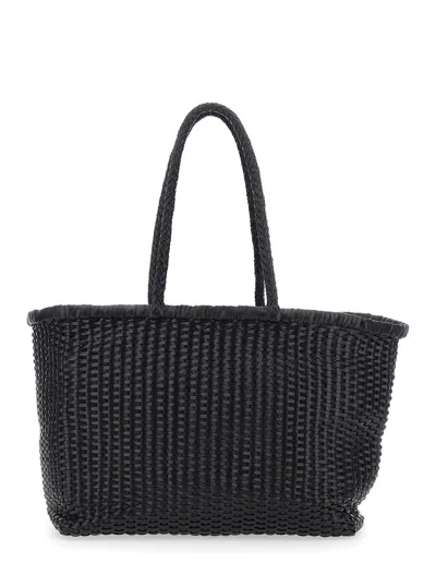 Dragon Diffusion Women Black Handbag With Interwoven Design And Two Top Handles In Leather Woman
