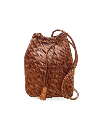 Dragon Diffusion Women's Pom Pom Woven Leather Bucket Bag In Brown