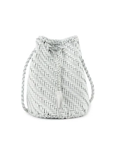 Dragon Diffusion Women's Pom Pom Woven Leather Bucket Bag In White