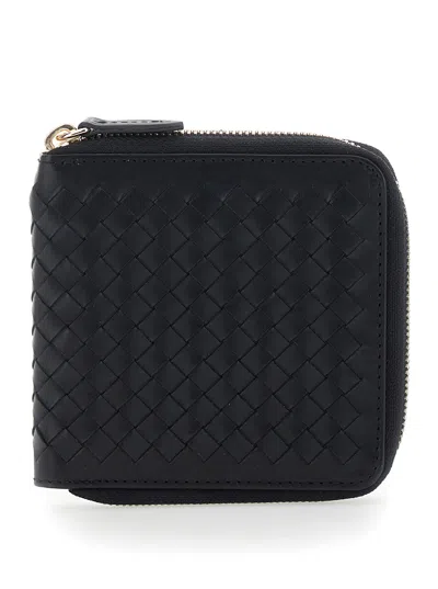 Dragon Diffusion Woven Calf Leather Zip Wallet With Card Slots For Women In Black