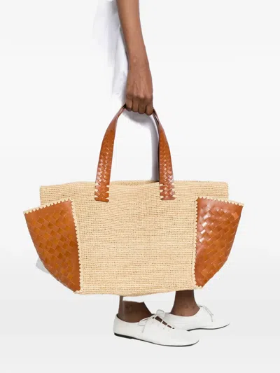 DRAGON DIFFUSION X SOVANI WOVEN-RAFFIA LEATHER-PANEL TOTE BAG