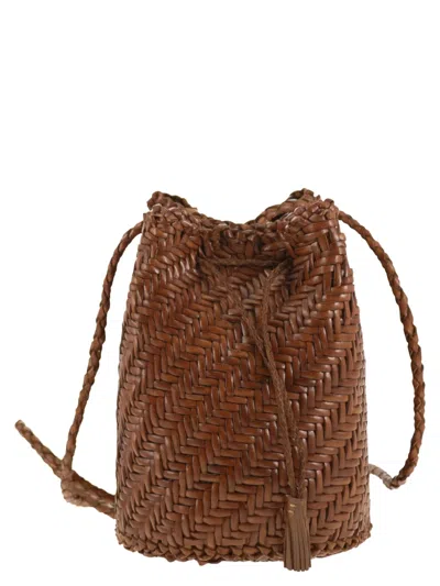 Dragon Pompom Double Jump - Bucket Bag With Woven Leather In Brown