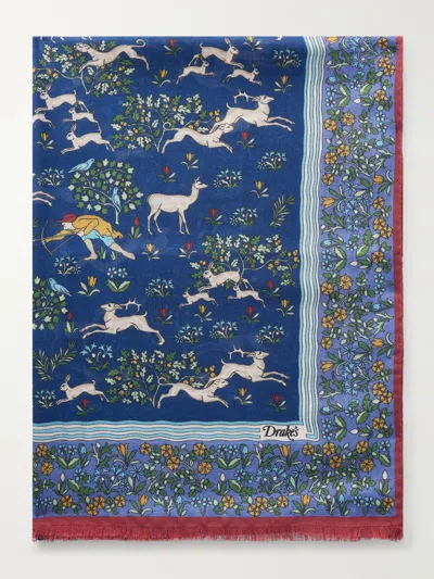 Drake's Archival Animals Frayed Printed Wool And Silk-blend Gauze Scarf In Multi