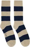 Drake's Beige & Blue Striped Donegal Wool Socks In 252 Navy