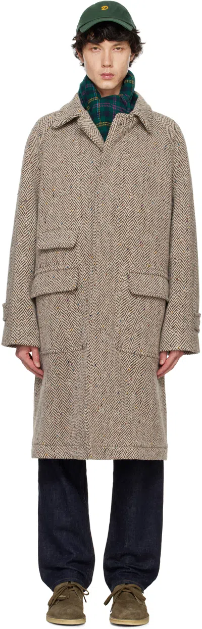 DRAKE'S BEIGE HERRINGBONE WOOL RAGLAN COAT 