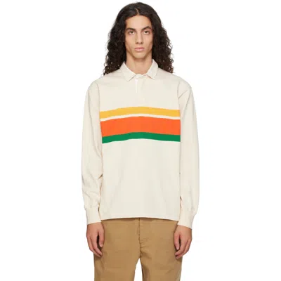 Drake's Beige Multi Centre Stripe Cotton Rugby Polo In White
