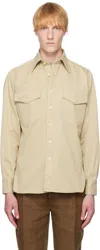 Drake's Beige Stone Cotton Long Point Collar Work Shirt