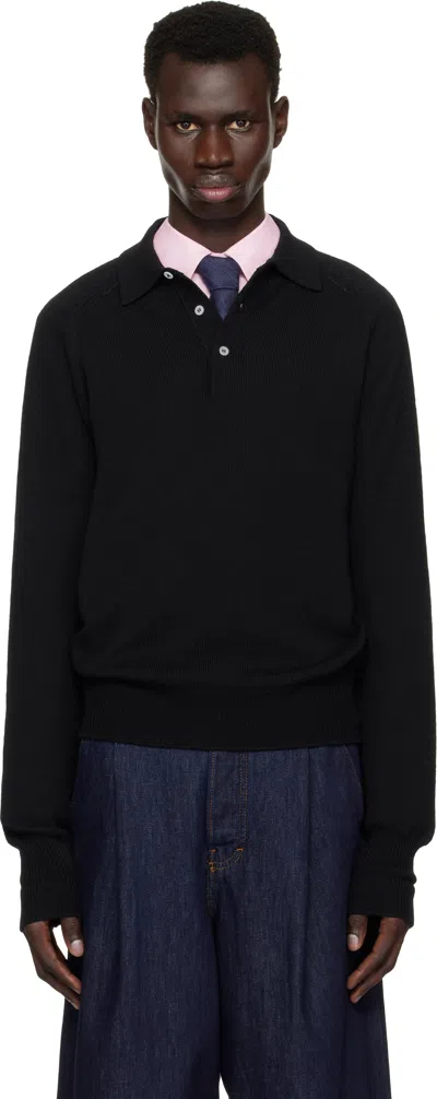 Drake's Black Merino Wool Knitted Polo In 100 Black