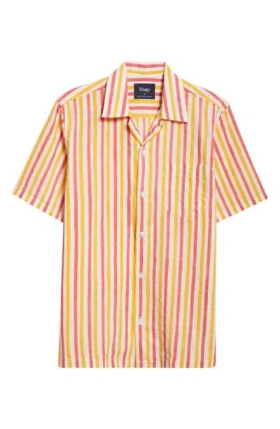 Drake's Block Stripe Cotton Camp Shirt In Yellow Pink Stripe