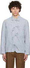 Drake's Blue & White Grandad Collar Tie Stripe Shirt