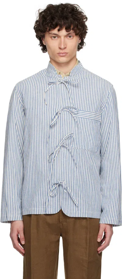 Drake's Blue & White Grandad Collar Tie Stripe Shirt