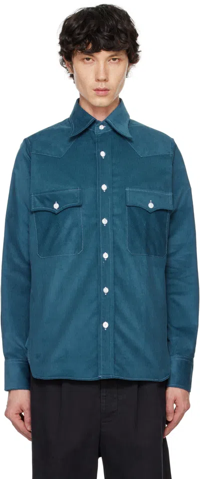 Drake's Blue Corduroy Two-pocket Western Shirt In 200 Petrol Blue