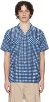 Drake's Blue Gingham Check Block Print Shirt