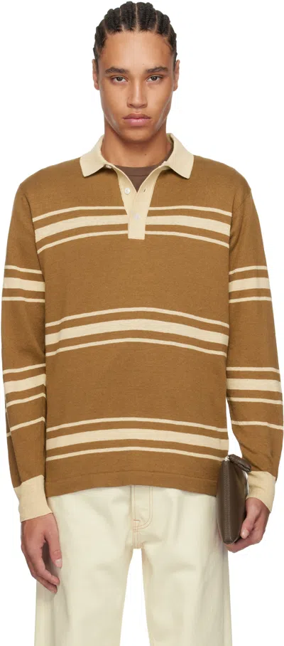 Drake's Brown & Beige Linen Cotton Knitted Rugby Polo In 302 Ecru Brown