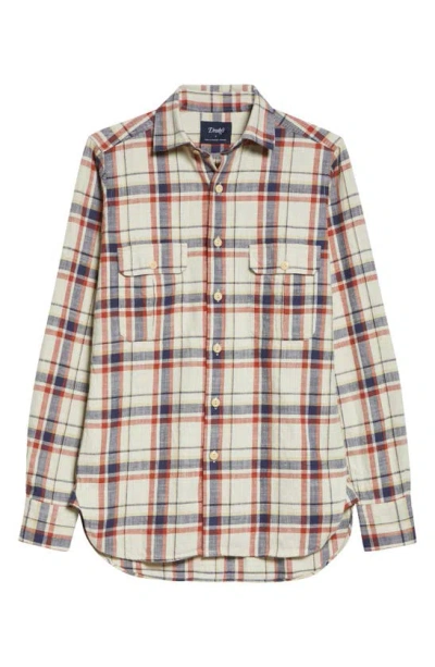 Drake's Check Slub Cotton Button-up Work Shirt In Ecru Navy And Red