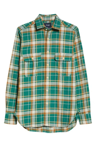 Drake's Check Slub Cotton Work Shirt In Green And Yellow