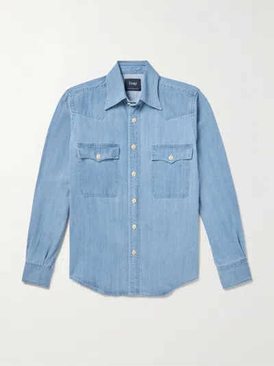 Drake's Indigo Two-pocket Western Denim Shirt In Blue