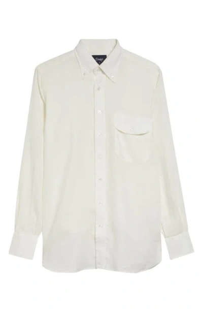 Drake's Curved Flap Linen Button-down Shirt In White