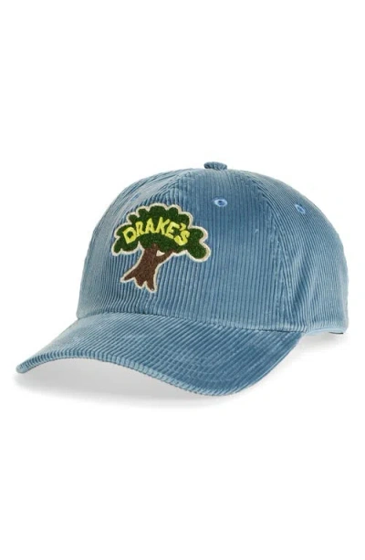 Drake's Embroidered Logo Tree Corduroy Adjustable Baseball Cap In Blue