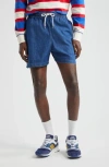 Drake's Blue Cotton Drawstring Denim Shorts In Stone Washed