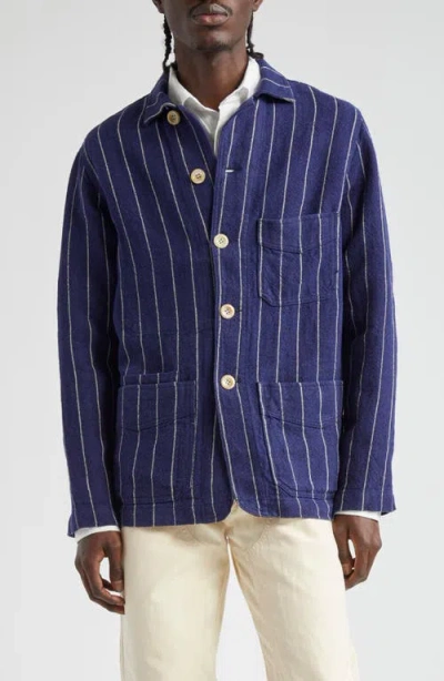 Drake's Pinstriped Linen Chore Jacket In Blue