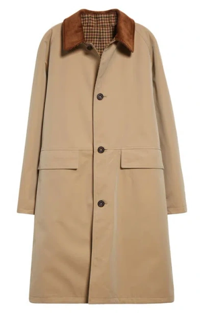 Drake's Reversible Corduroy Collar Mac Jacket In Beige/check