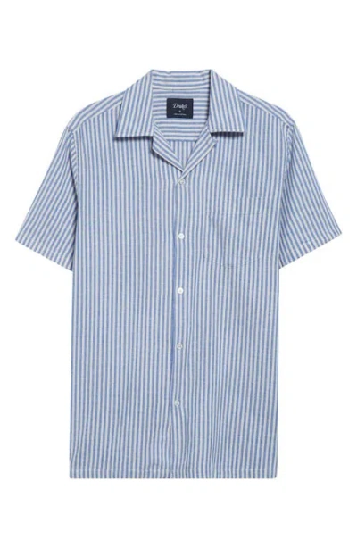 Drake's Stripe Cotton & Linen Camp Shirt In Blue