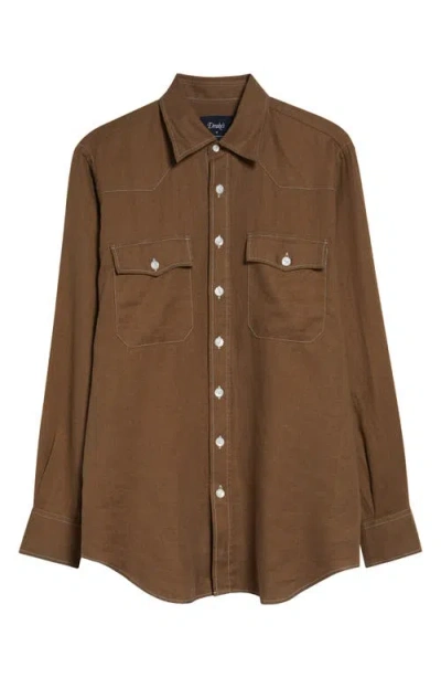 Drake's Western Linen Button-up Shirt In Brown