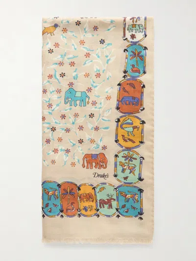 Drake's Frayed Printed Wool And Silk-blend Scarf In Multi