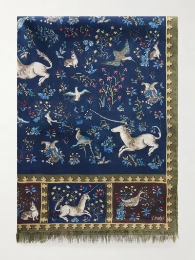 Drake's Fringed Printed Wool And Silk-blend Scarf In Blue
