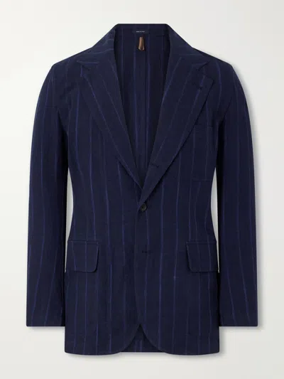 Drake's Games Pinstriped Linen And Cotton-blend Suit Jacket In Blue