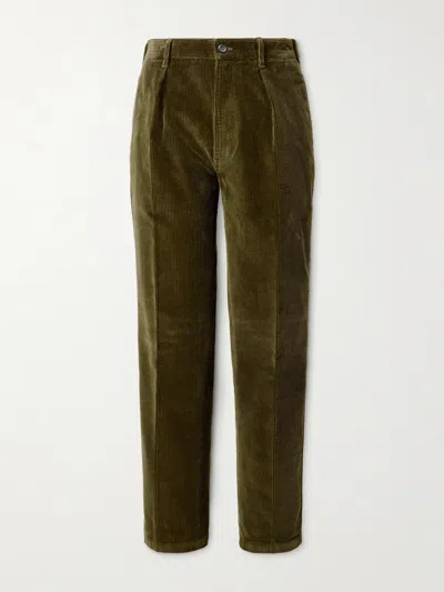 Drake's Games Tapered Pleated Cotton-corduroy Trousers In Green