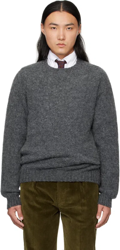 Drake's Gray Brushed Shetland Crew Neck Sweater In 600 Oxford Grey