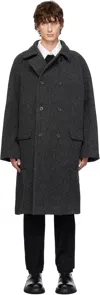 DRAKE'S GRAY HERRINGBONE WOOL DOUBLE-BREASTED RAGLAN COAT
