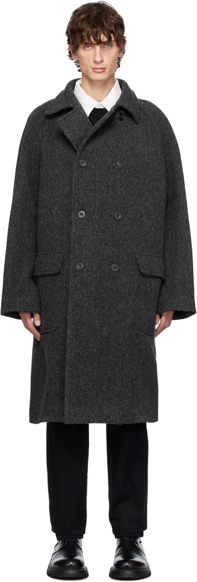 Drake's Gray Herringbone Wool Double-breasted Raglan Coat