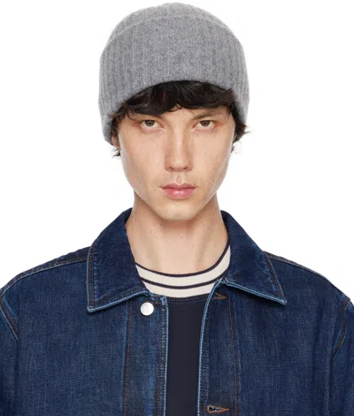 Drake's Gray Lambswool Ribbed Knit Beanie In 600 Grey