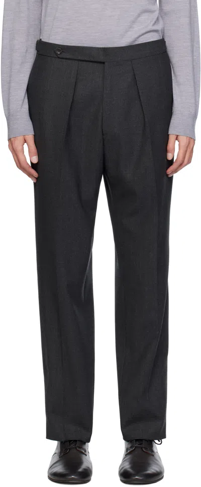 Drake's Gray Tropical Wool Single Pleat Trousers In 600 Charcoal