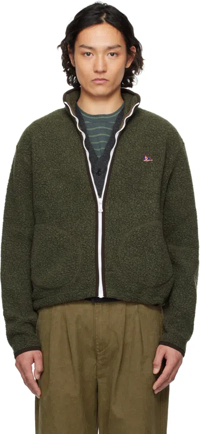 Drake's Green Boucle Wool Zip Fleece Jacket In 400 Olive
