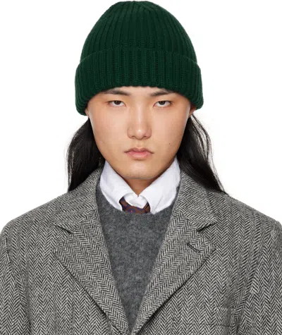 Drake's Green Cashmere Ribbed Knit Beanie In 400 Green