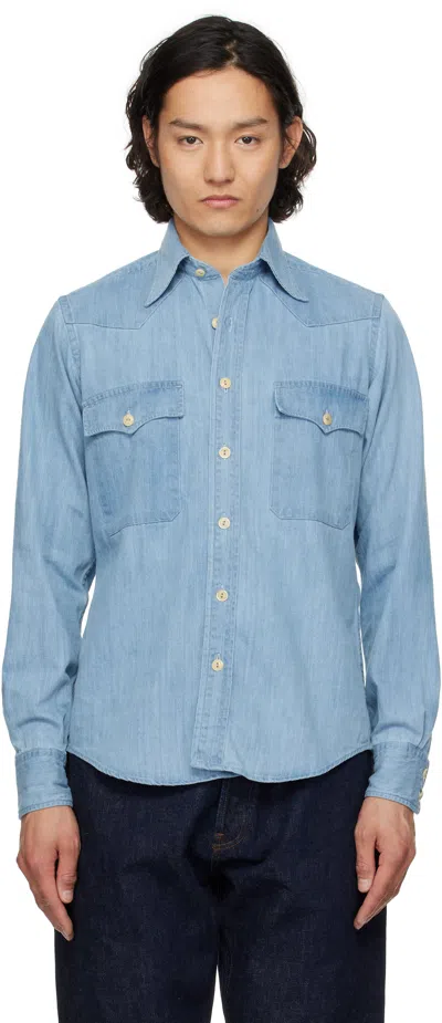 Drake's Indigo Two-pocket Western Denim Shirt In Blue