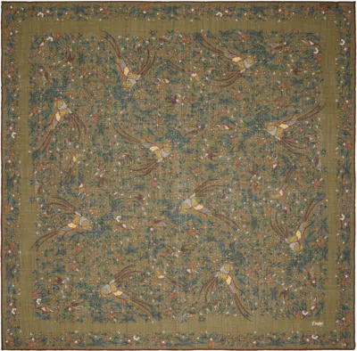 Drake's Khaki Birds Of Paradise Print Wool-silk Square Scarf In 401 Olive