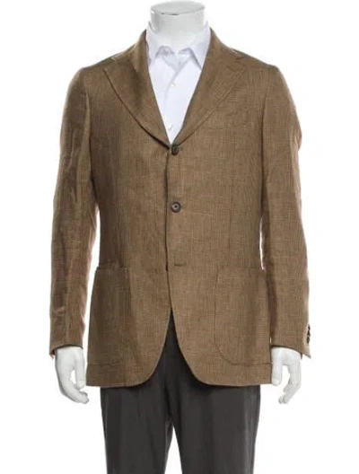 Pre-owned Drake's Linen Plaid Print Jacket In Brown