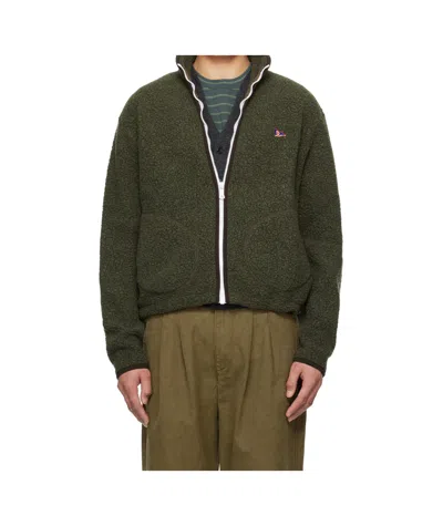 Drake's London Boucle Wool Zip Fleece Jacket In Olive
